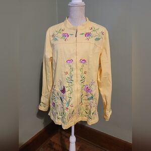 Quacker Factory Size XL Yellow Floral Cotton Jacket Embroidery Woman's J5